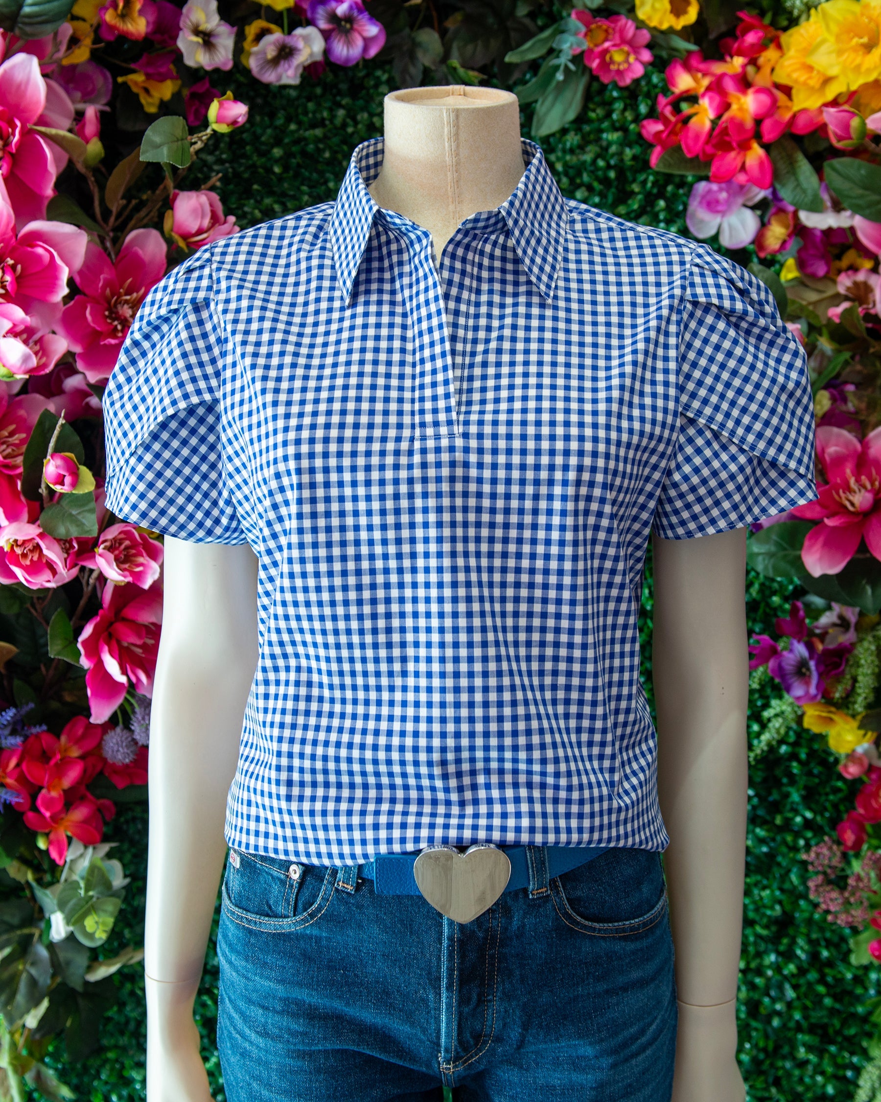 Navy Gingham Tulip Sleeve Popover