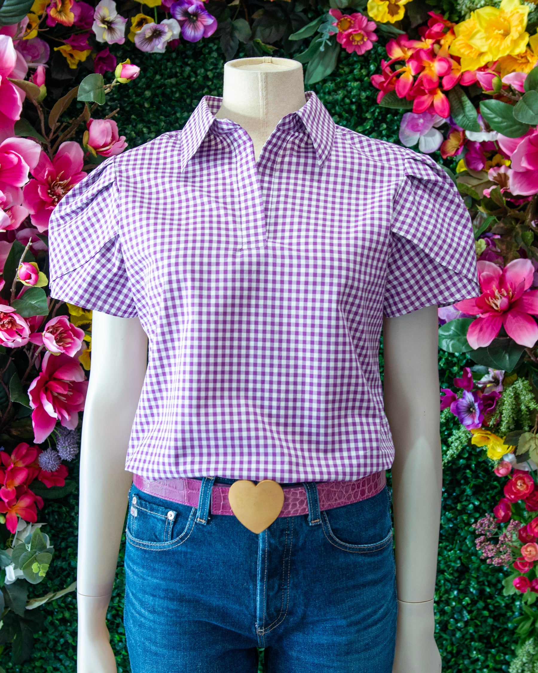 Purple Gingham Tulip Sleeve Popover