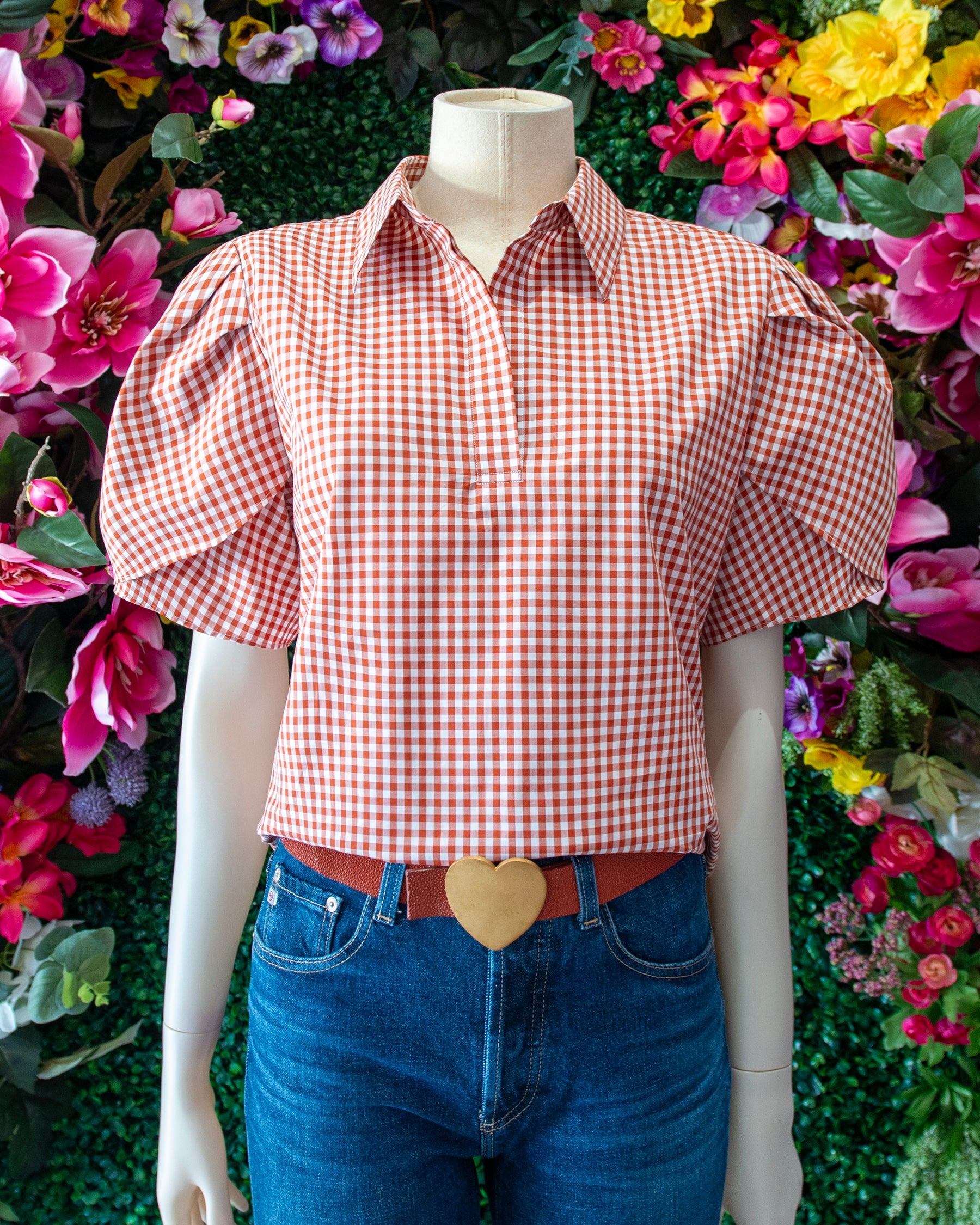Orange Gingham Tulip Sleeve Popover