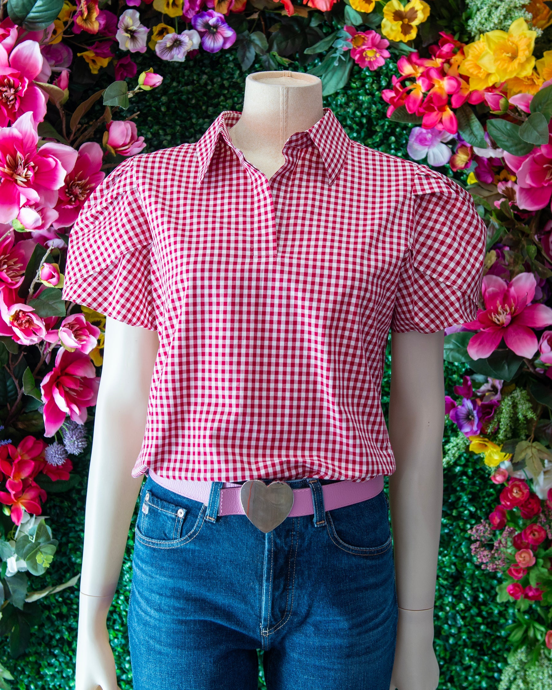 Red Gingham Tulip Sleeve Popover