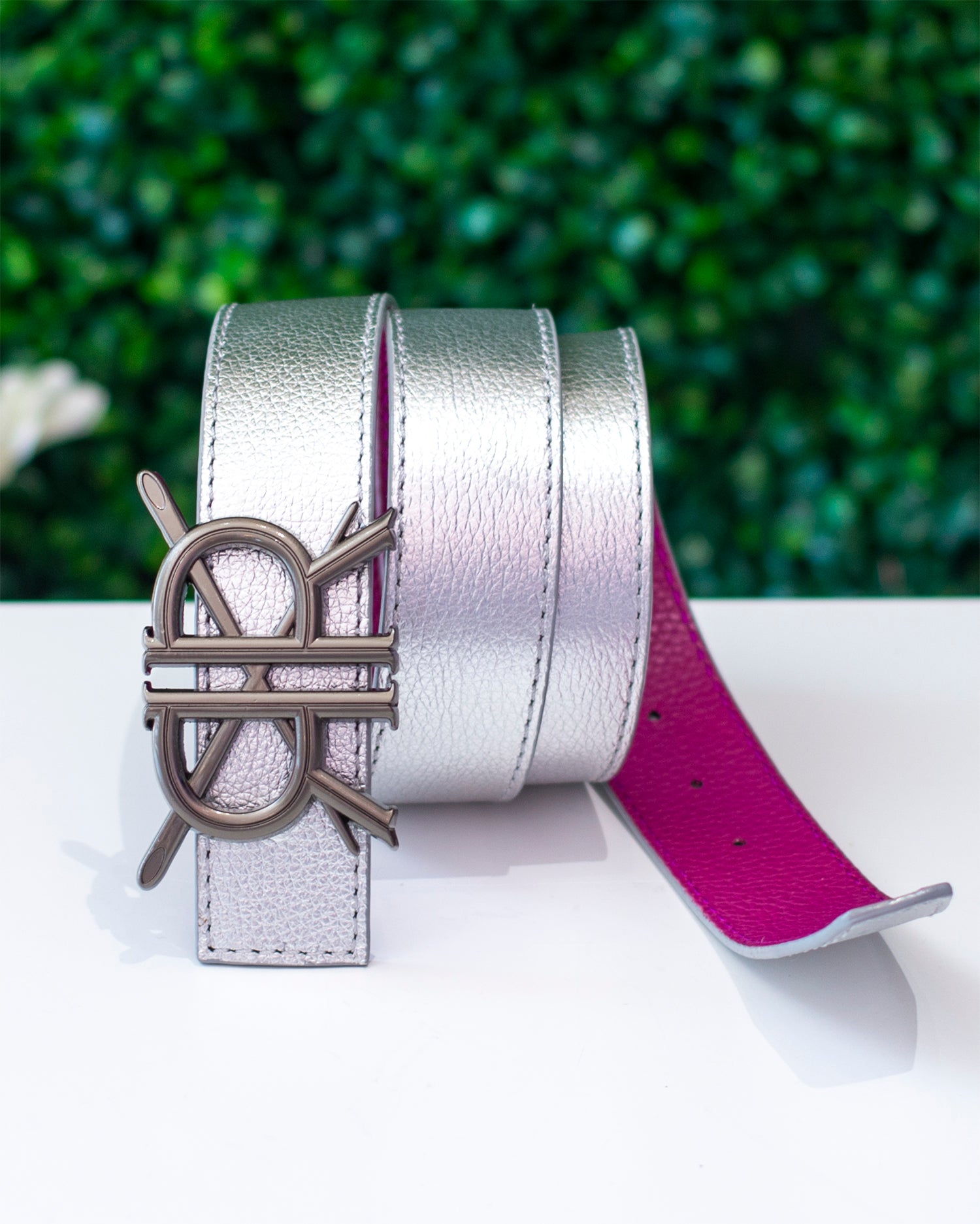 Silver Pebble Grain Belt Strap with Signature Buckle