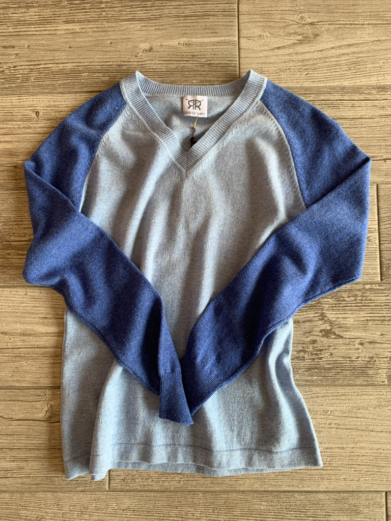 Raglan Sleeve Cashmere V-neck Sweater - 2 Tone Blue