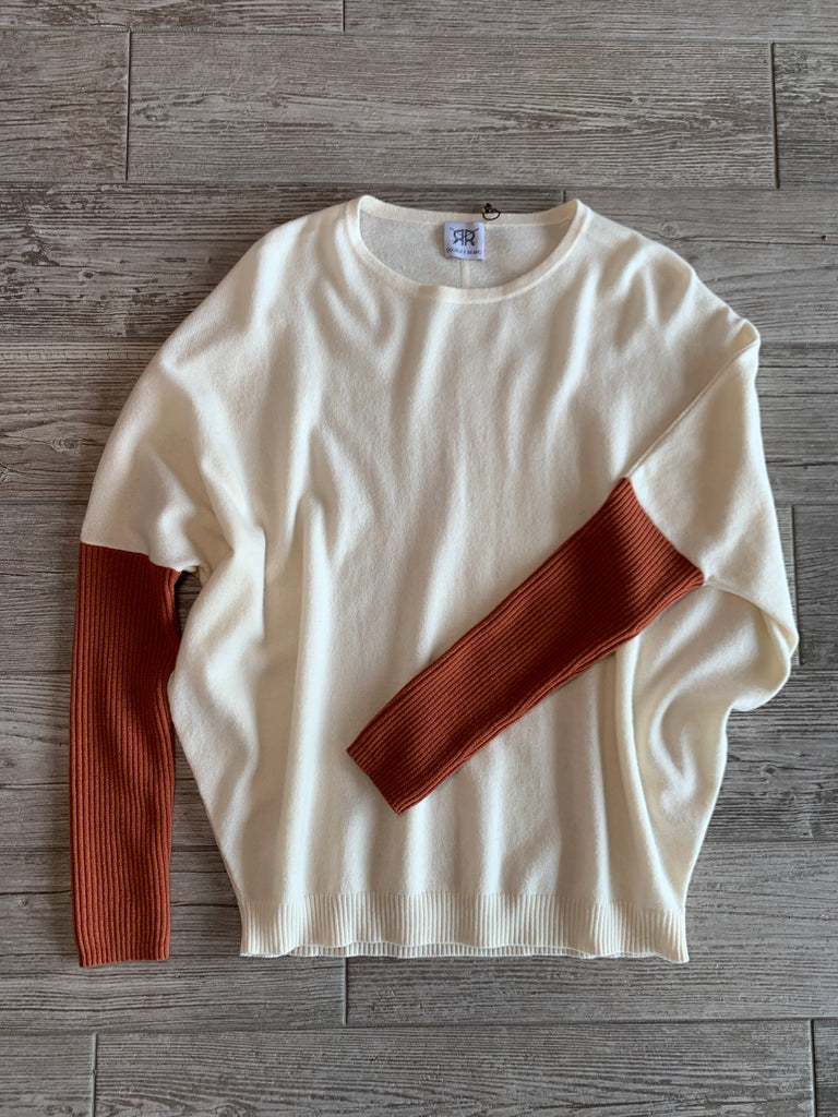 Batwing Two Color Cashmere Sweater - Ivory/Burnt Orange