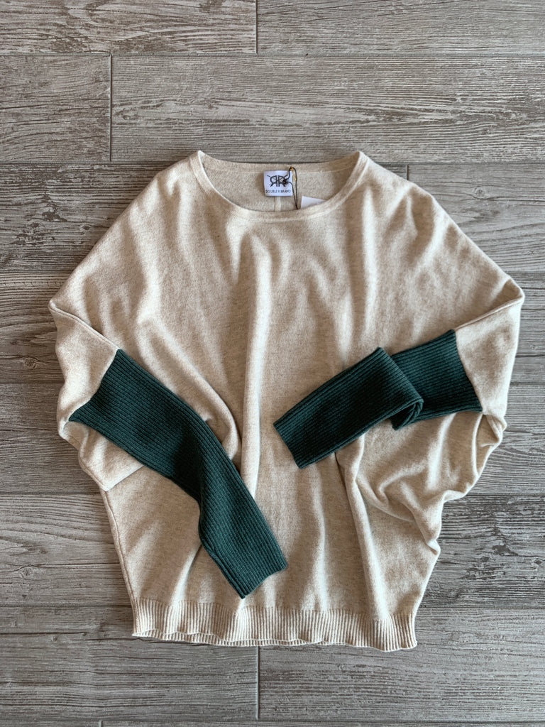 Batwing Two Color Loro Piana Cashmere Sweater - Oatmeal/Forest Green