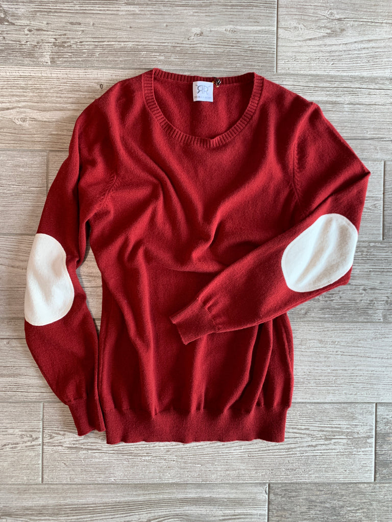 Crewneck Cashmere Sweater with Elbow Patches - Maroon/Ivory