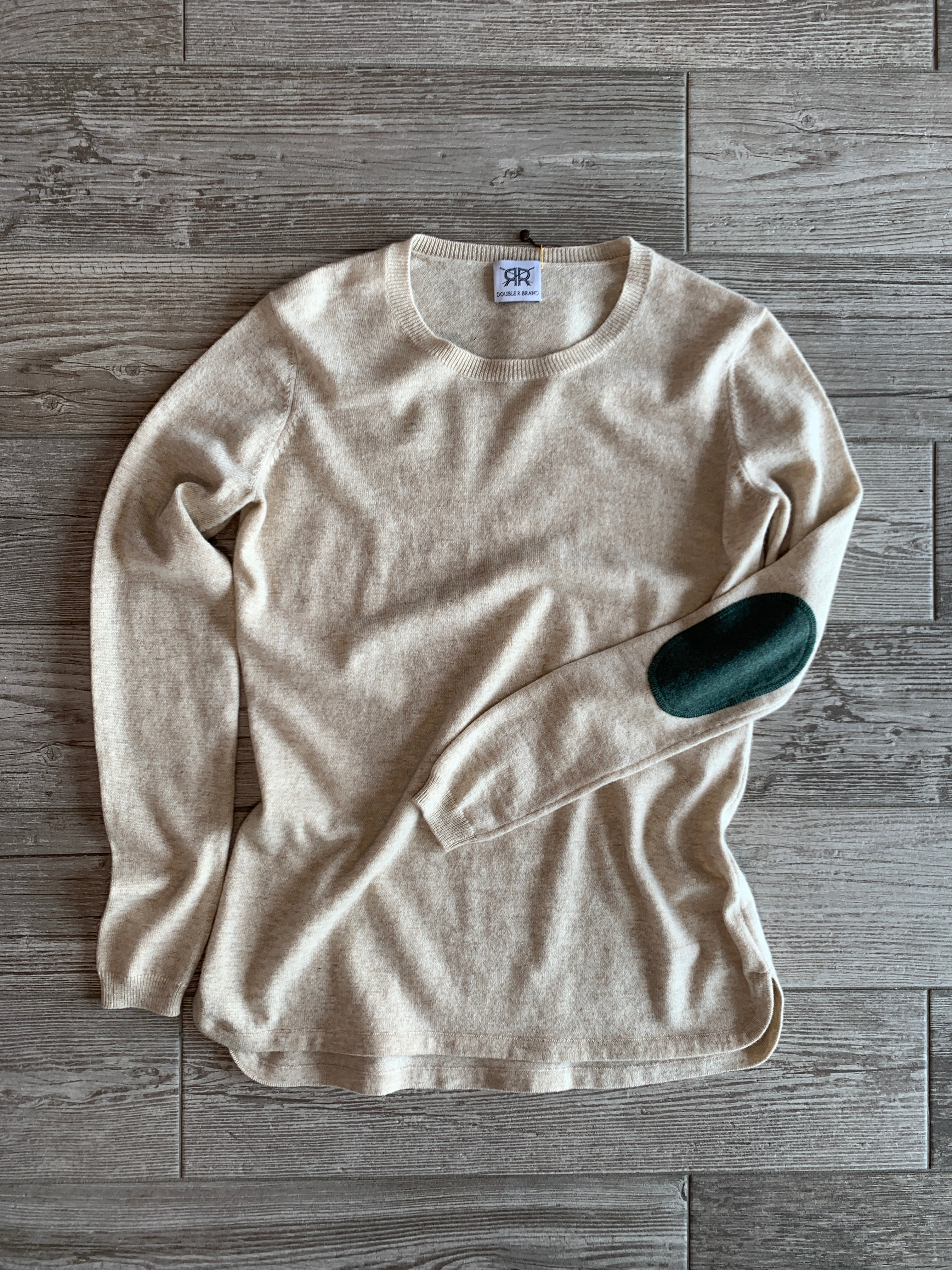 Scoop Hem Loro Piana Cashmere Sweater with Elbow Patches - Oatmeal/Forest