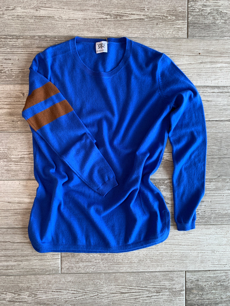 Scoop Hem Cashmere Sweater with Sleeve Stripes - Royal Blue/Coffee