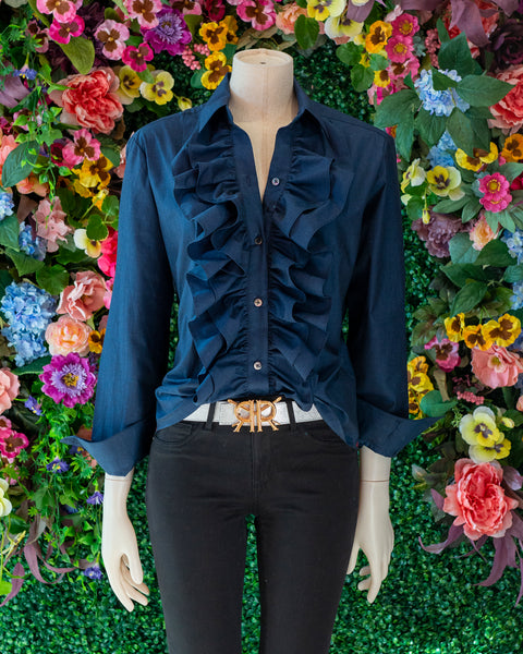 Tailored Navy Ruffle Shirt - Double R by Ravi Ratan – Double R