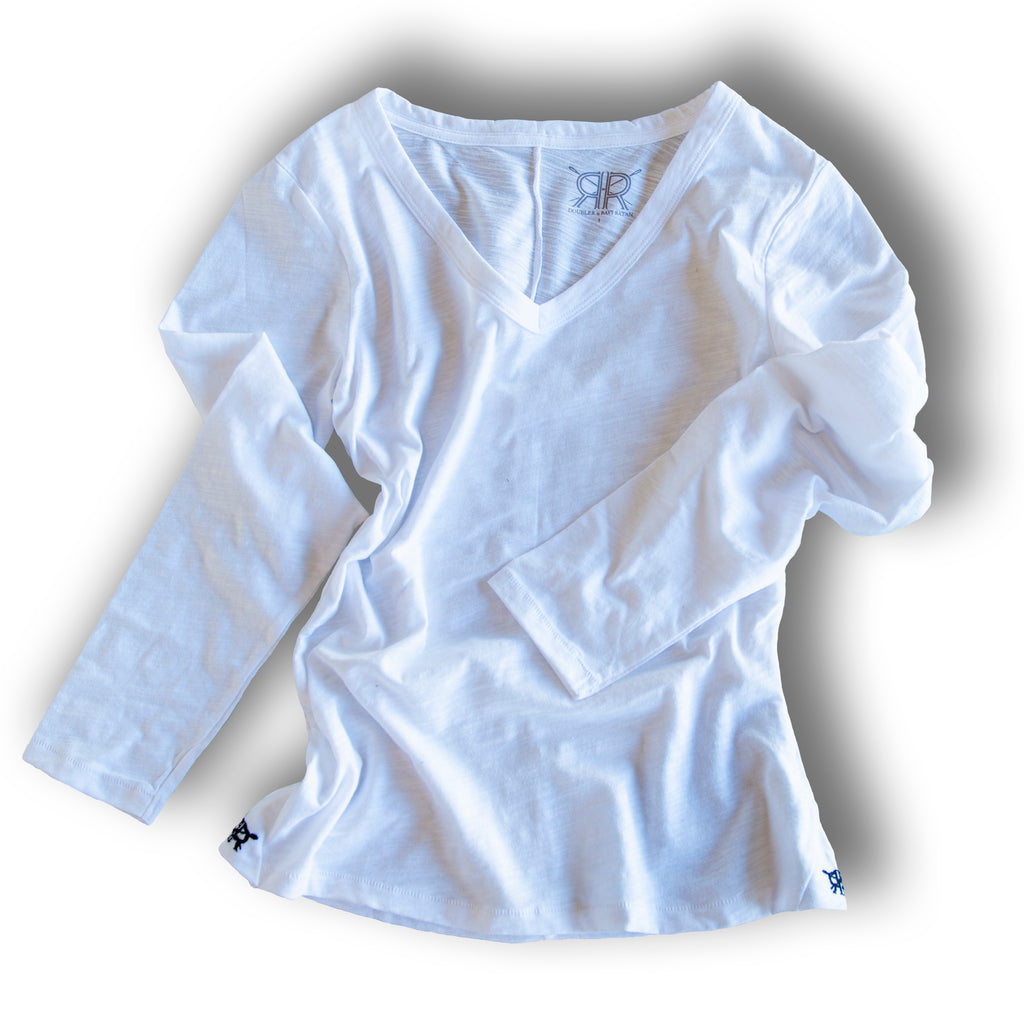 Long Sleeve White Pima Cotton V Neck T Shirt