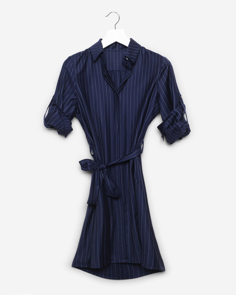 Penelope Shirt Dress - Navy Suiting Dress with White Pintstripes