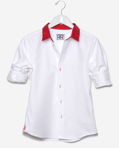 Tailored Shirt - White with Red Collar Women's Button Up by Double R Monogram / White / Custom Tailored Shirt - White with Red Collar Women's Button Up by Double R Monogram / White / Custom