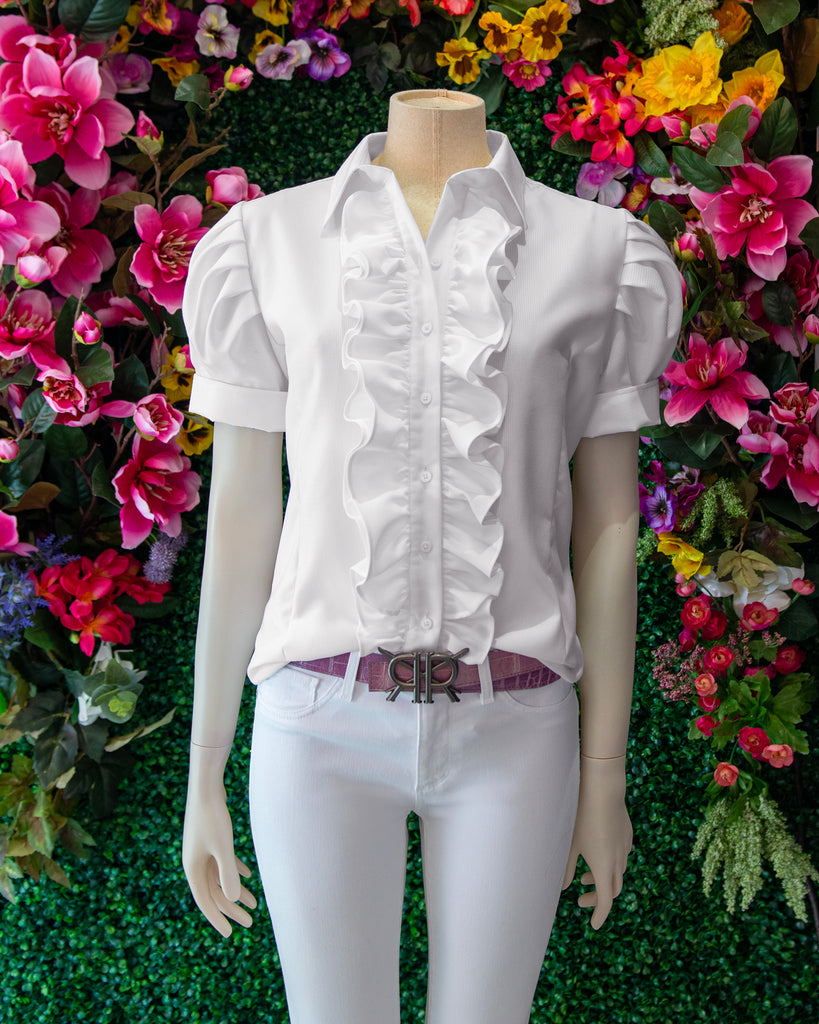 Pleated Sleeve Ruffle Button Down