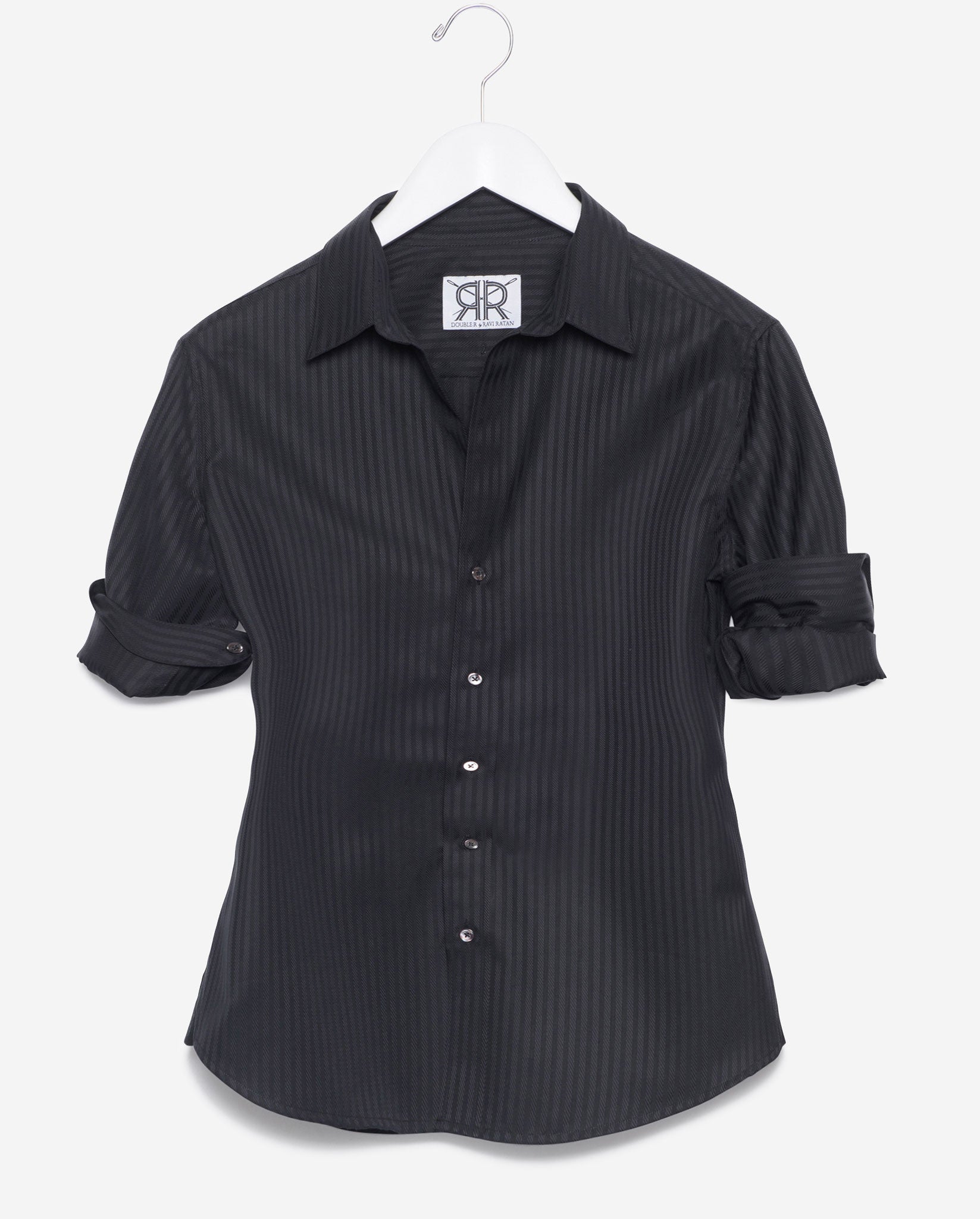 black dress shirt with stripes Indochino Men's Custom Helston Anti-Wrinkle Pinstripe Black Shirt