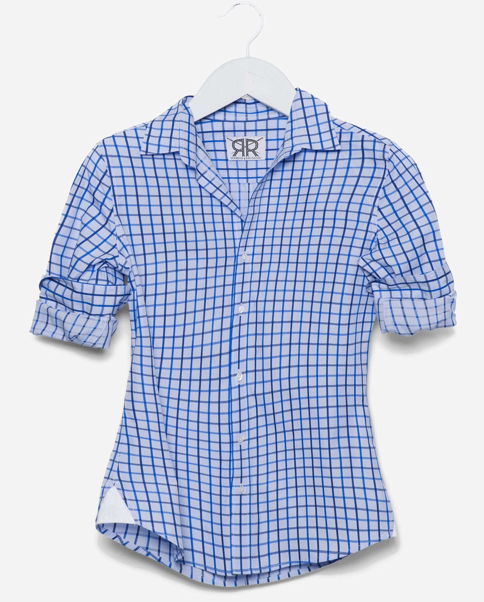 Tailored Shirt- Multi Blue Windowpane Check Women's Blouse by Double R No Monogram / Blue / Custom Tailored Shirt- Multi Blue Windowpane Check Women's Blouse by Double R No Monogram / Blue / Custom