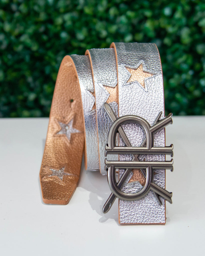 Gold and Silver Star Inlay Belt Strap with Buckle