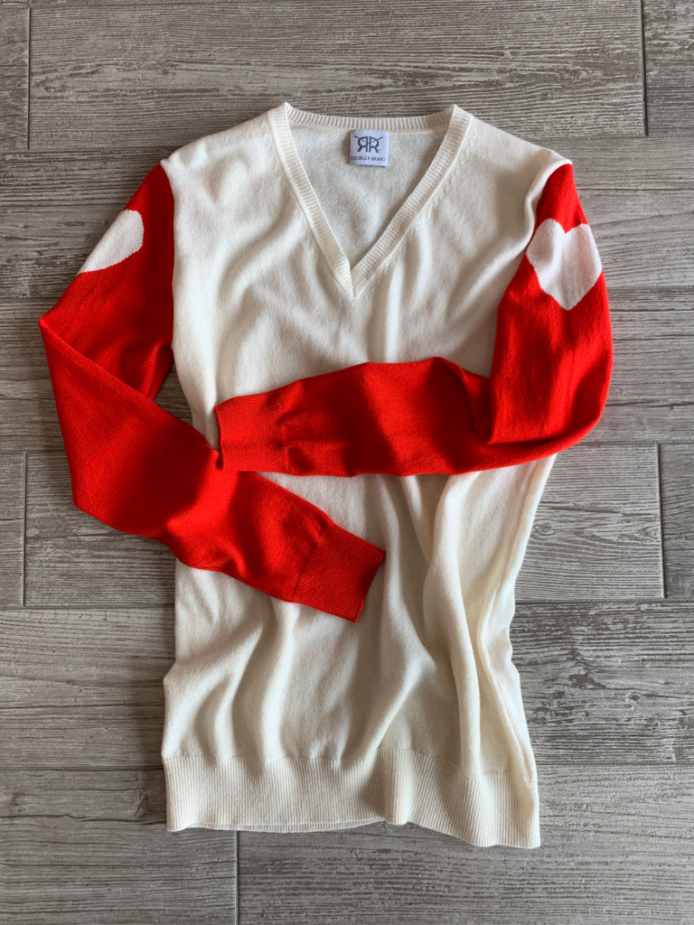 Heart Intarsia V Neck Cashmere Sweater - Ivory/Red