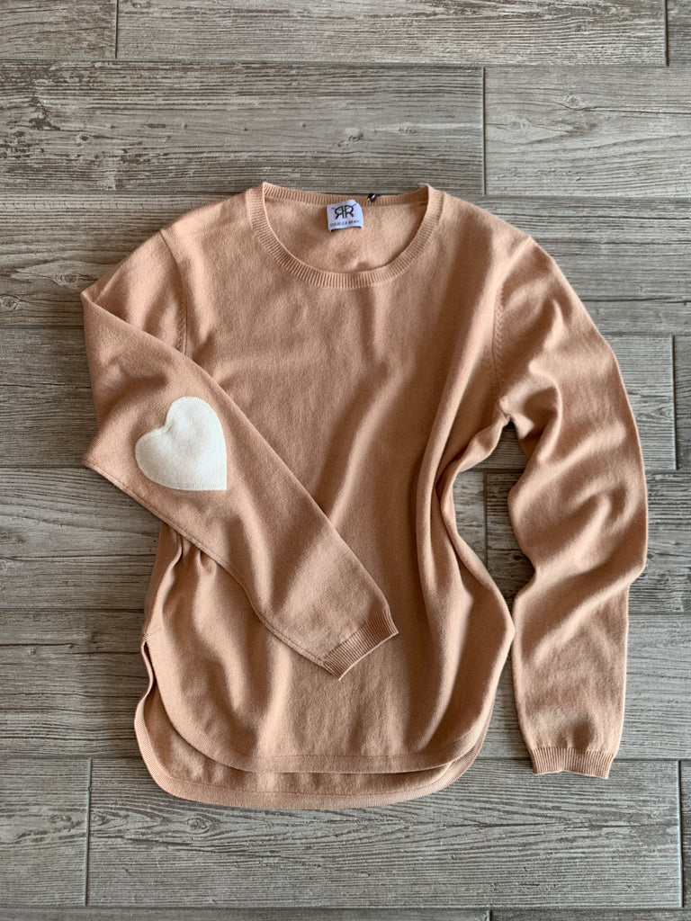 Scoop Hem Cashmere Sweater with Heart Elbow Patches - Camel/Ivory