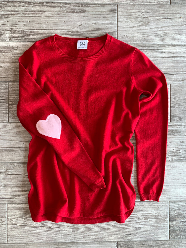 Scoop Hem Cashmere Sweater with Heart Elbow Patches - Red/Pink