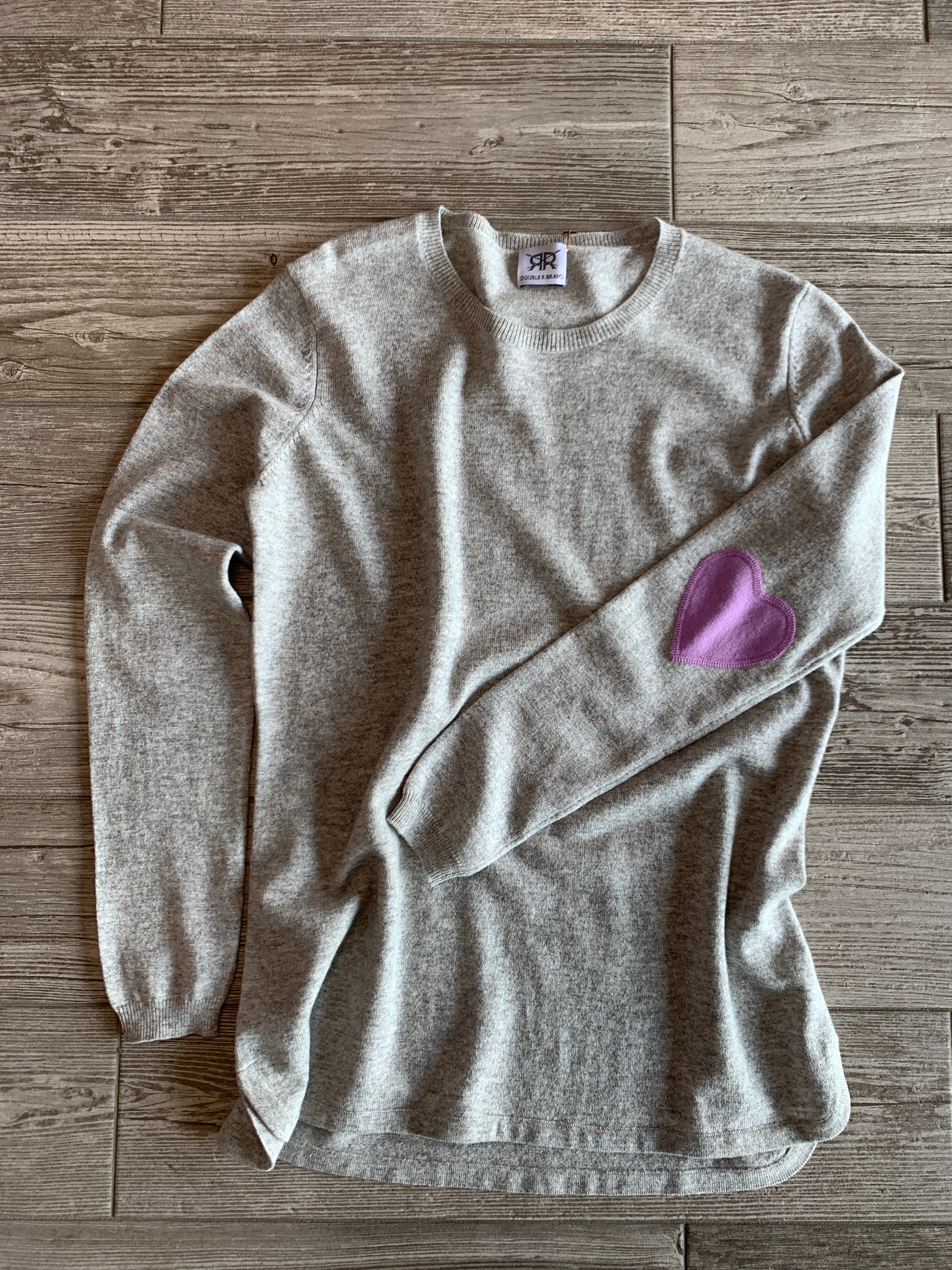 Scoop Hem Cashmere Sweater with Heart Elbow Patches - Light Grey/Lavender