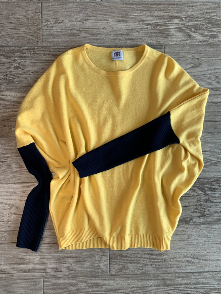 Batwing Two Color Cashmere Sweater - Yellow/Navy