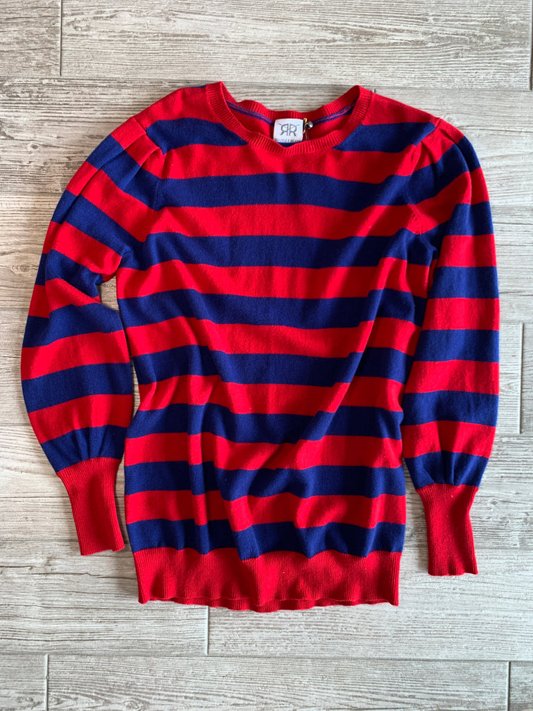 Striped Crewneck Cashmere Sweater with Pleated Sleeves - Red/Navy