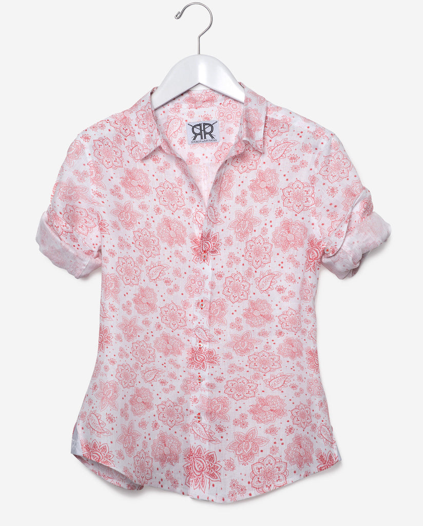 Tailored - Red Print on White Linen