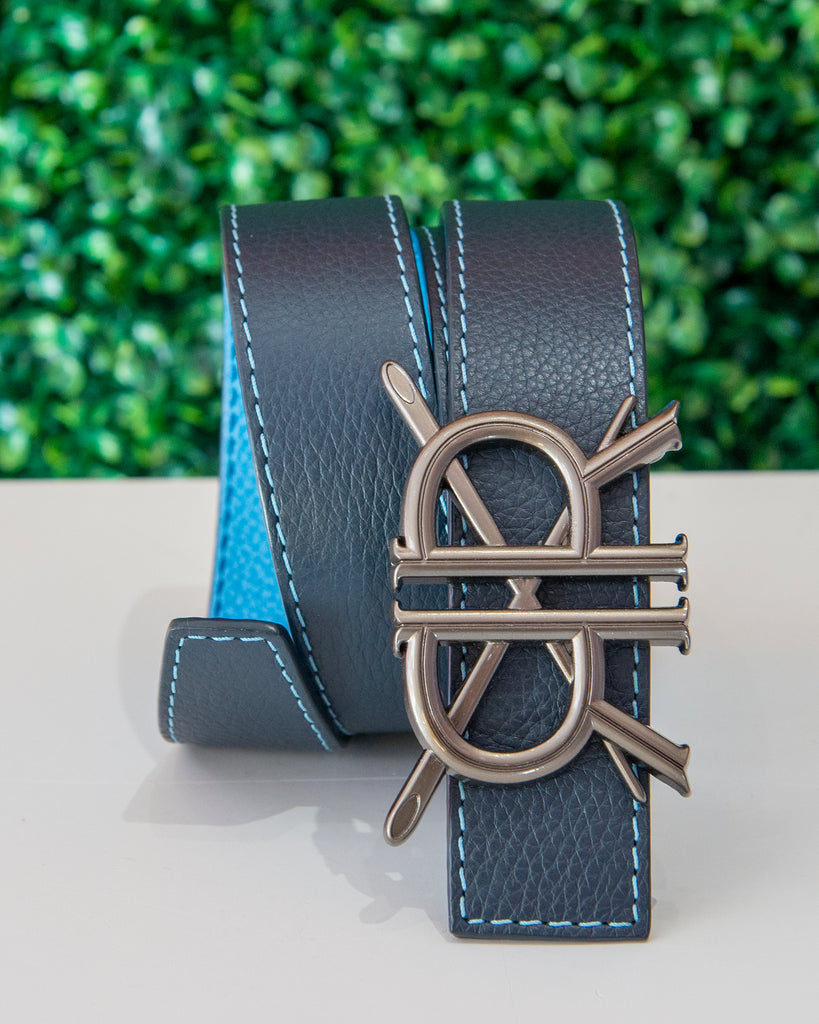 Double Blue Pebble Grain Leather Belt Strap with Buckle