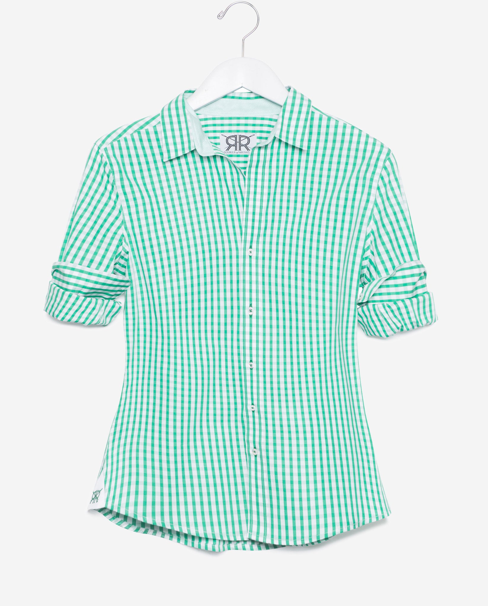 Tailored Shirt - White with Green Gingham Check Blouse by Double R No Monogram / Green / Custom Tailored Shirt - White with Green Gingham Check Blouse by Double R No Monogram / Green / Custom