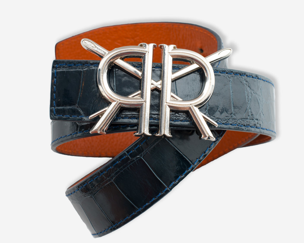 Navy Alligator Belt Strap with Shiny Silver Buckle